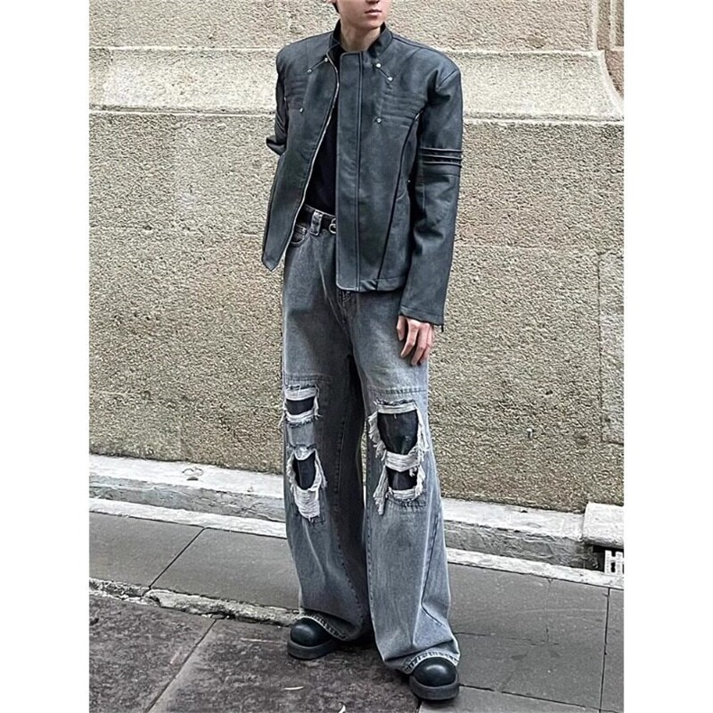 美式复古做旧高街垫肩pu皮衣外套街头机车服立领夹克JKT88特P83,男装夹克,星座908-1