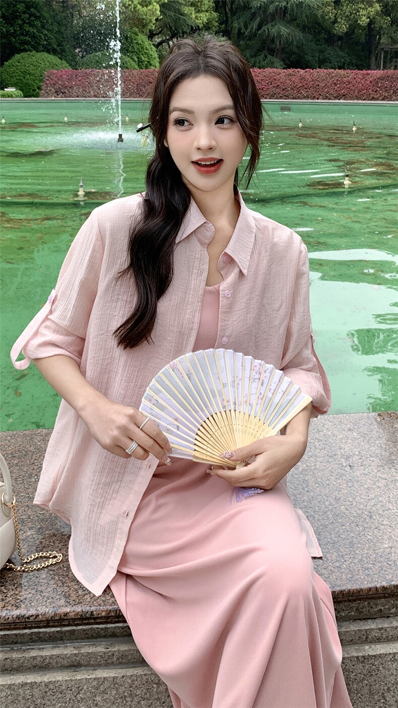 长袖衬衫针织吊带连衣裙女夏两件套2024新韩版时尚圆领套头长裙子图片