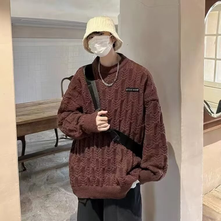 CLX015毛衣男加厚慵懒风贴标圆领针织衫宽松百搭日系外套软糯上衣,男装针织衫/毛衣,星座308A-1（原309B-1）