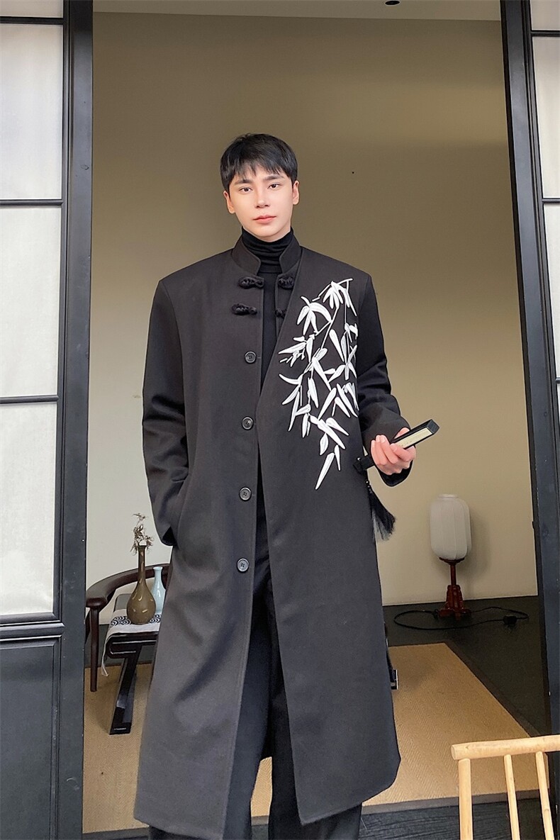 冬季加厚毛呢大衣中式刺绣双门襟复古立领盘扣风衣2631,男装毛呢大衣,电商A246