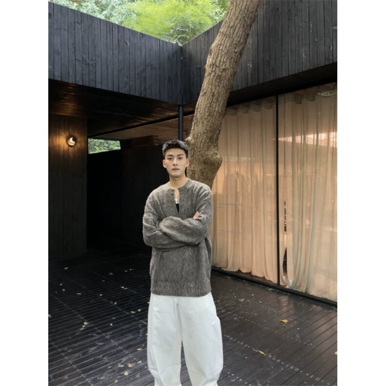 美式复古海马毛v领毛衣冬慵懒风灰色针织衫小众设计感外LF07P75,男装针织衫/毛衣,电商D256