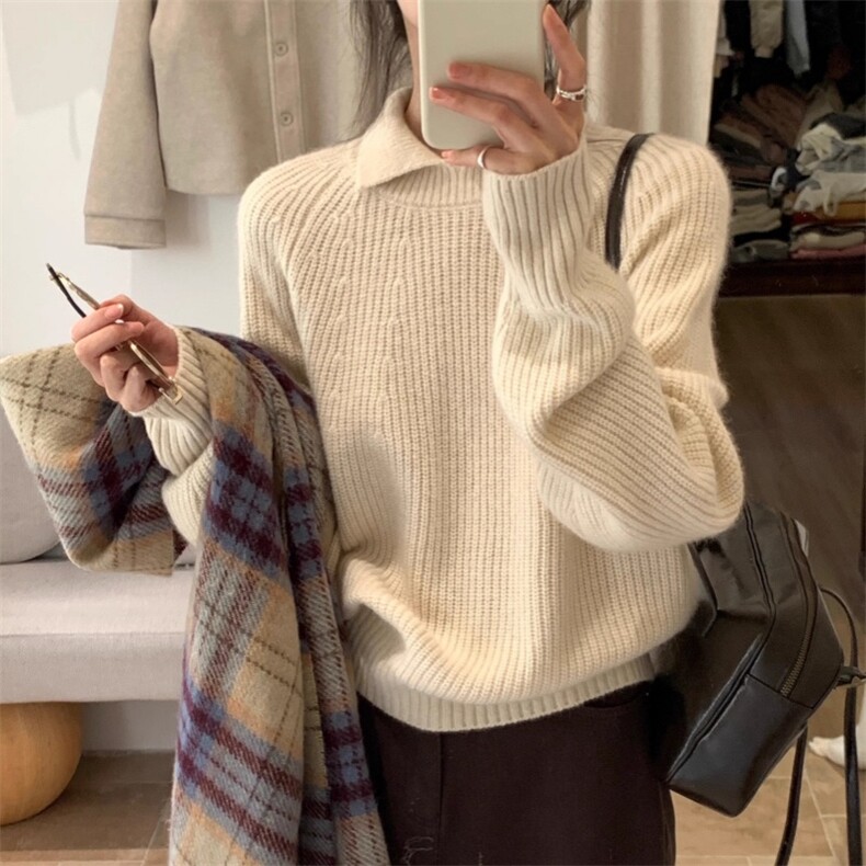 2025年秋季新款百搭女士坑条翻领羊毛衫，女装羊毛衫，胜智羊绒