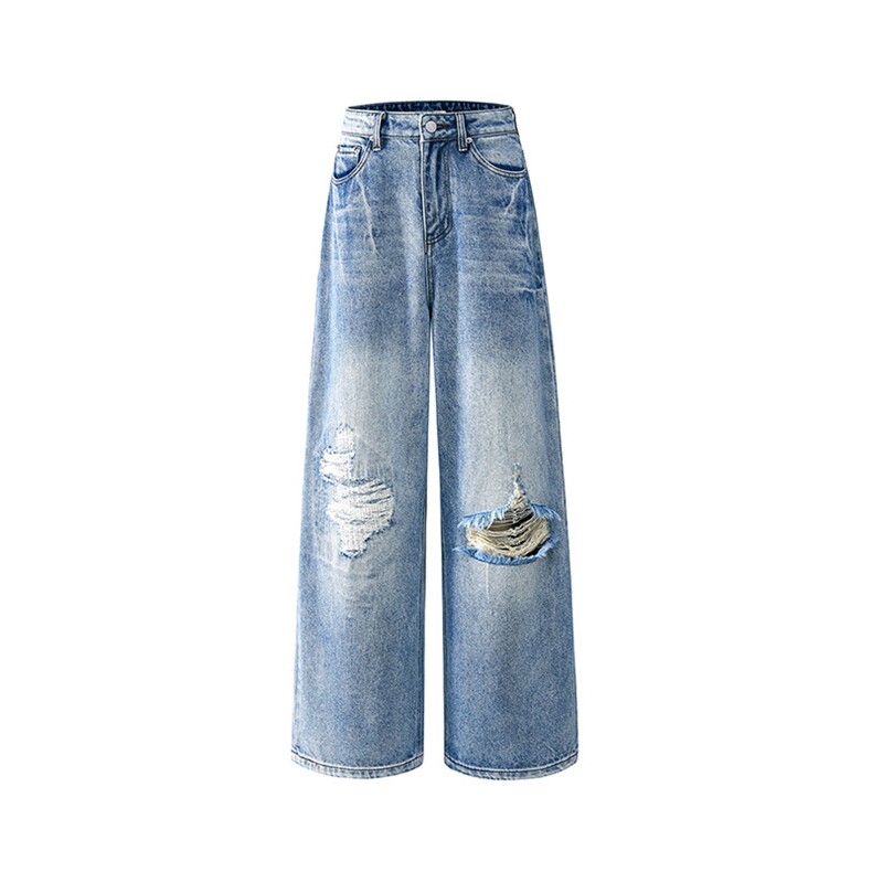 美式复古水洗破洞牛仔裤夏季男女高街直筒垂感宽松长裤YD9035-P75,男装牛仔裤,星座509