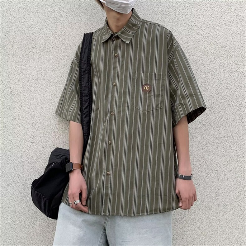 夏季复古条纹衬衫男短袖ins潮牌港风休闲潮流五分袖上衣EA03-P30图片