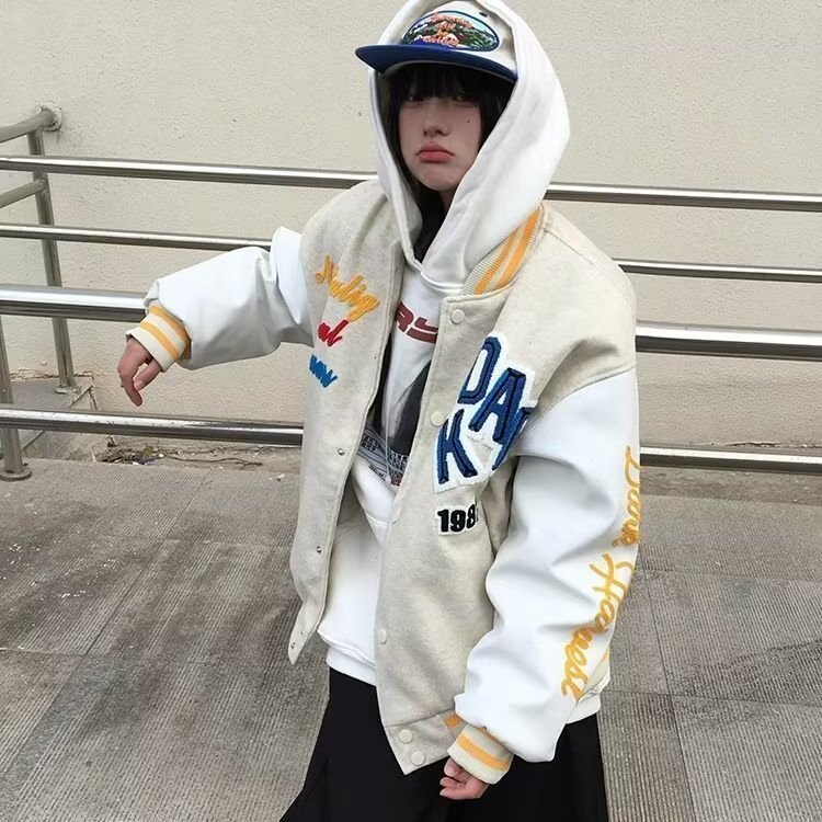 W1030-P55原创美式复古拼色植绒刺绣棒球服夹克男女春季夹棉,男装T恤,电商B323A