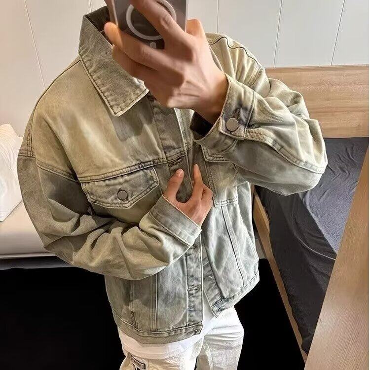 春季黄泥色牛仔外套男做旧水洗美式街头情侣款式夹克上衣潮牌宽松,男装夹克,星座506A