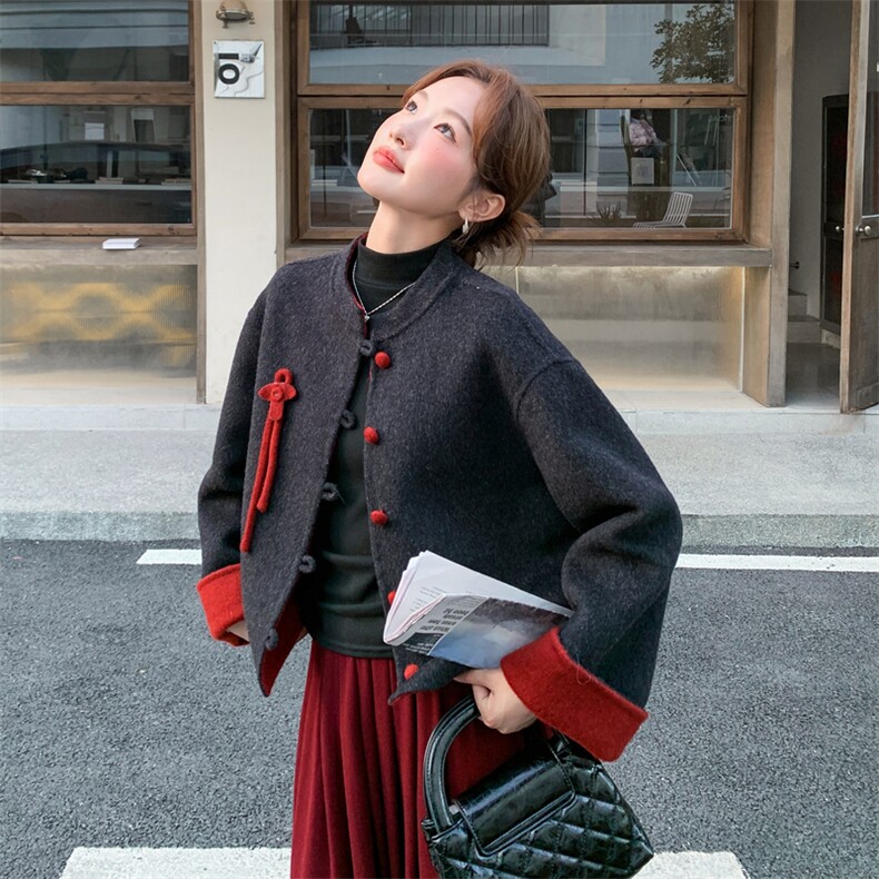 新中式国风撞色拼接双面呢羊毛外套女秋冬2025新款设计减龄厚大衣,女装毛呢外套,2C028