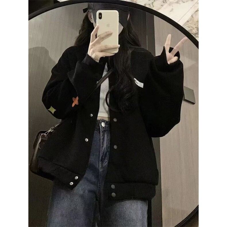 大码秋季新款韩版宽松休闲百搭翻领单排扣长袖贴标衬衫女上衣外套图片