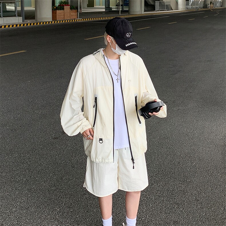 夏季薄款户外防晒衣套装男山系机能风宽松休闲百搭连帽运动两件套,男装防晒衣,星座410-6（原星座1304-1）