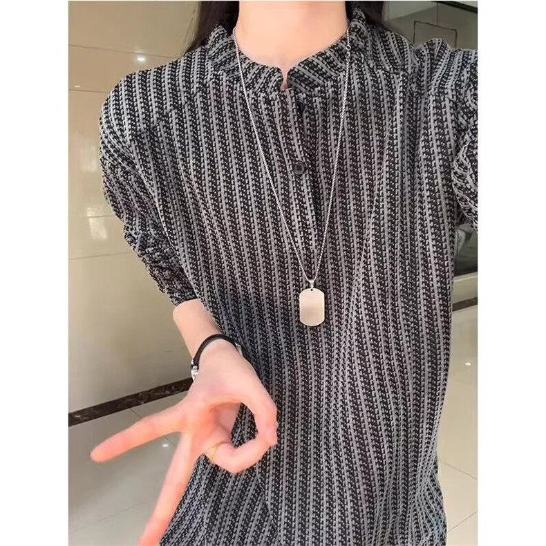 小香风鱼骨纹亨利领卫衣男女秋季美式重磅松弛感黑白条纹长袖T恤,男装T恤,星座506A