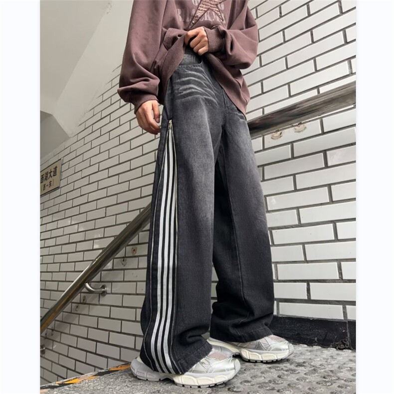 美式高街牛仔裤男韩版潮侧边拉链条纹2024秋冬ins长裤RK1124-P51,男装牛仔裤,星座412-2