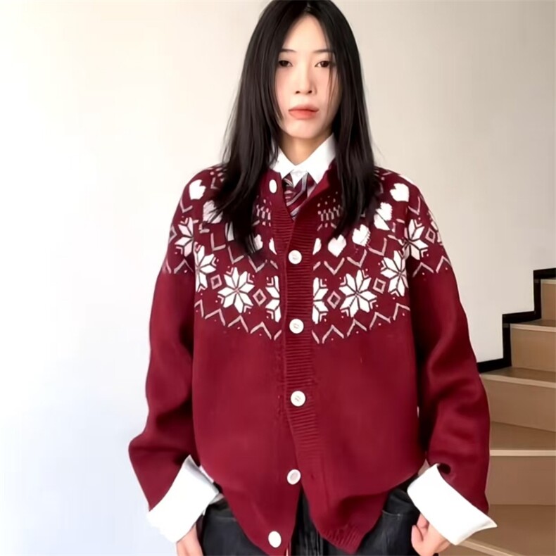 重磅秋冬装北极绒开衫毛衣美式复古休闲圣诞慵懒风提花针织衫外套图片