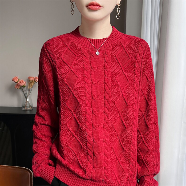 老钱风麻花纹100纯棉针织毛衣女2025新款加厚针织衫高级感打底衫,针织衫/毛衣,斯美雅电商供货