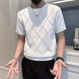 短袖毛衣男2024新款春夏修身男士针织半袖打底圆领潮牌高级感t恤图片