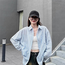 条纹衬衫女2026春秋学生polo领中长款衬衣防晒衫薄外套，男装防晒衣，星座218-1（原230）