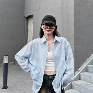 条纹衬衫女2026春秋学生polo领中长款衬衣防晒衫薄外套图片