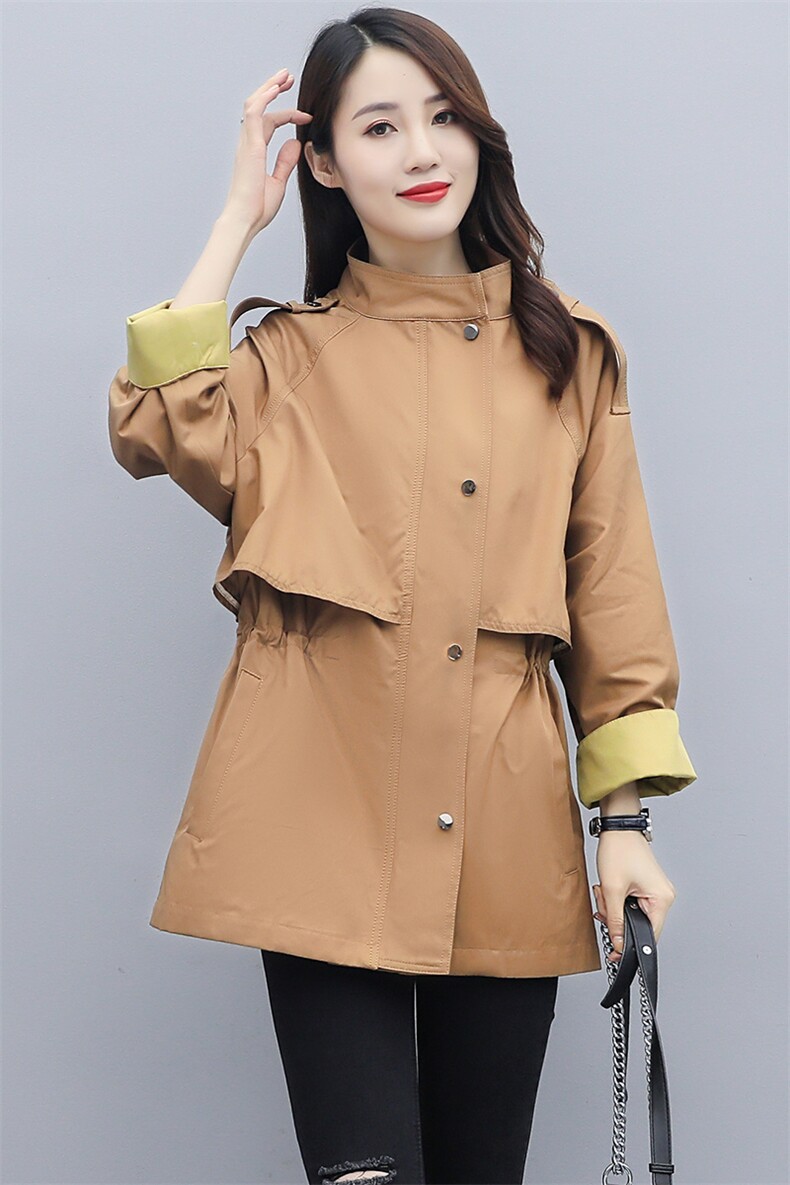 春秋新款插肩袖撞色拼接立领拉链宽松抽绳风衣外套女,女装风衣,微微衣阁