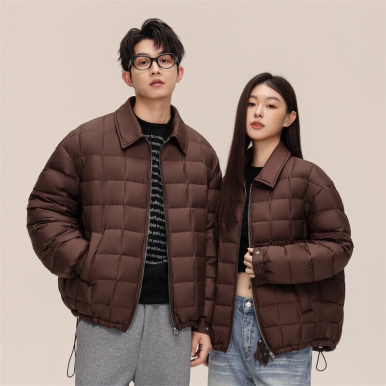 标90%轻薄款复古棋盘格翻领羽绒服男女同款秋冬季防寒外套P210图片