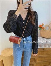 2021秋季新款小香风V领蕾丝花边长袖褶百搭上衣，其它，L·H·X