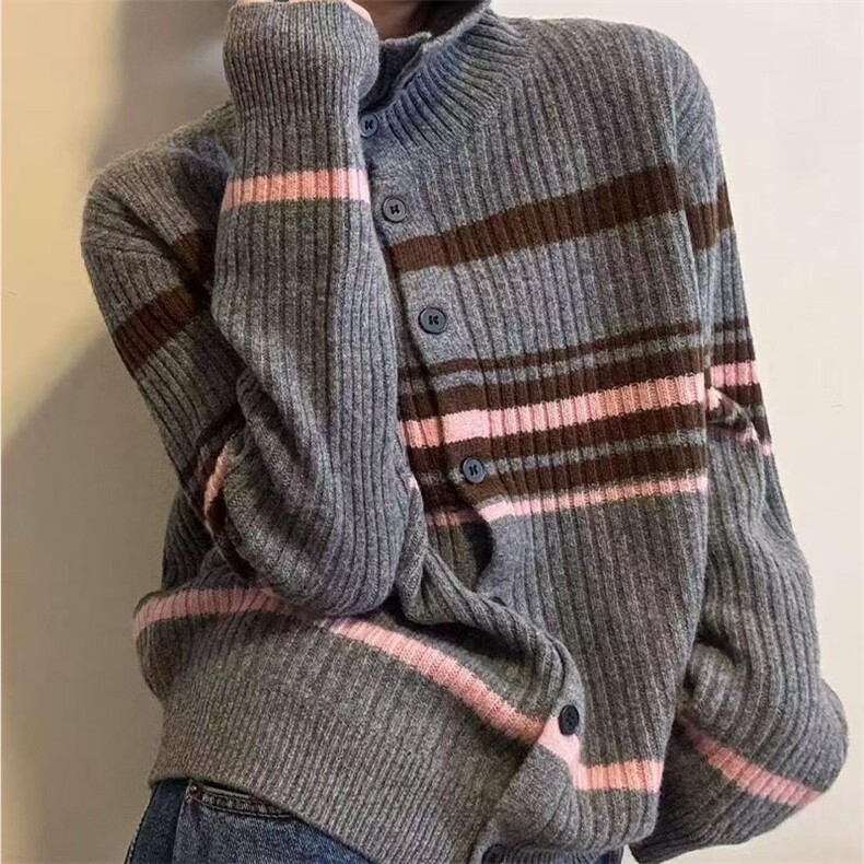 2026年秋季时尚百搭通勤简约休闲抽条条纹开衫，女装针织衫/毛衣，萱芳婷羊绒