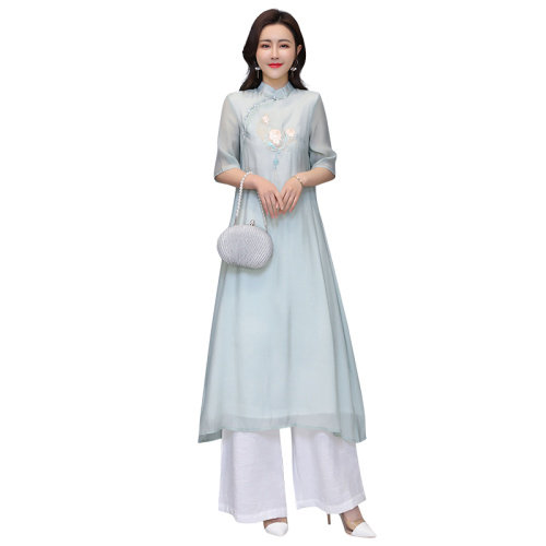 芷墨原创时尚风刺绣连衣裙阔腿裤两件套装茶服,女装套装/套裙,芷墨服饰
