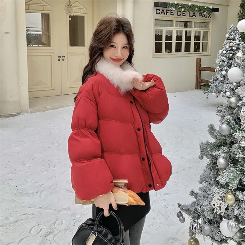 大毛领红色羽绒服女冬2025超火好看高级小众独特漂亮短款加厚外套,女装羽绒服,2C236