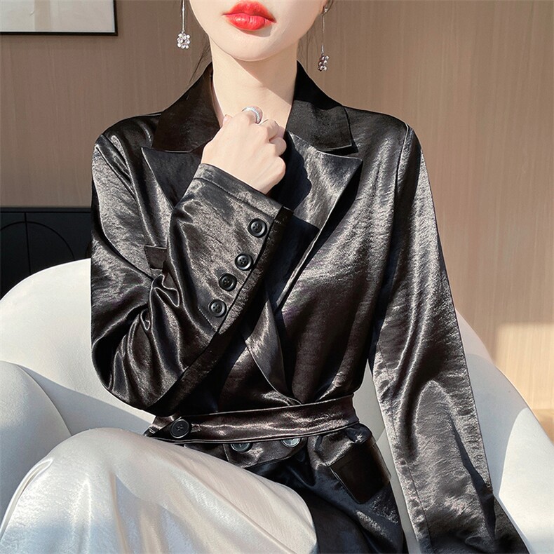 春装新款缎面纯色西装女宽松长袖外套上衣高级通勤正肩西服外搭女,女装西装,佳绒高端店
