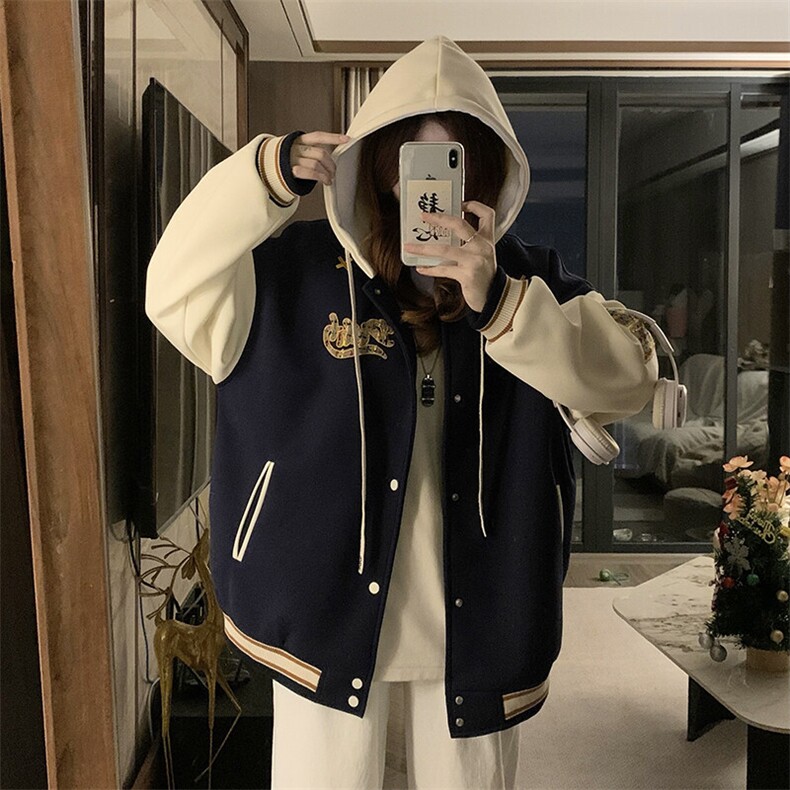 C954-P110美式撞色春秋重工刺绣2025新款连帽宽松棒球服夹克上衣,男装棉衣,星座911-2(原星座613-2）