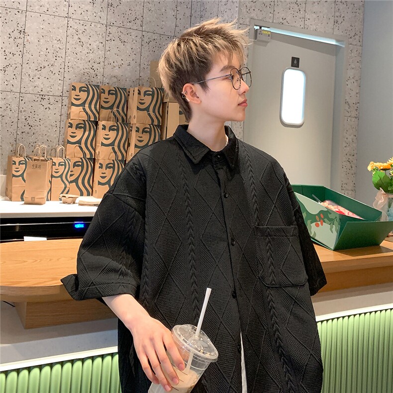 2026夏装翻领短袖衬衫大码男纹理提花衬衣菱形格 CS220/P35 黑色3图片