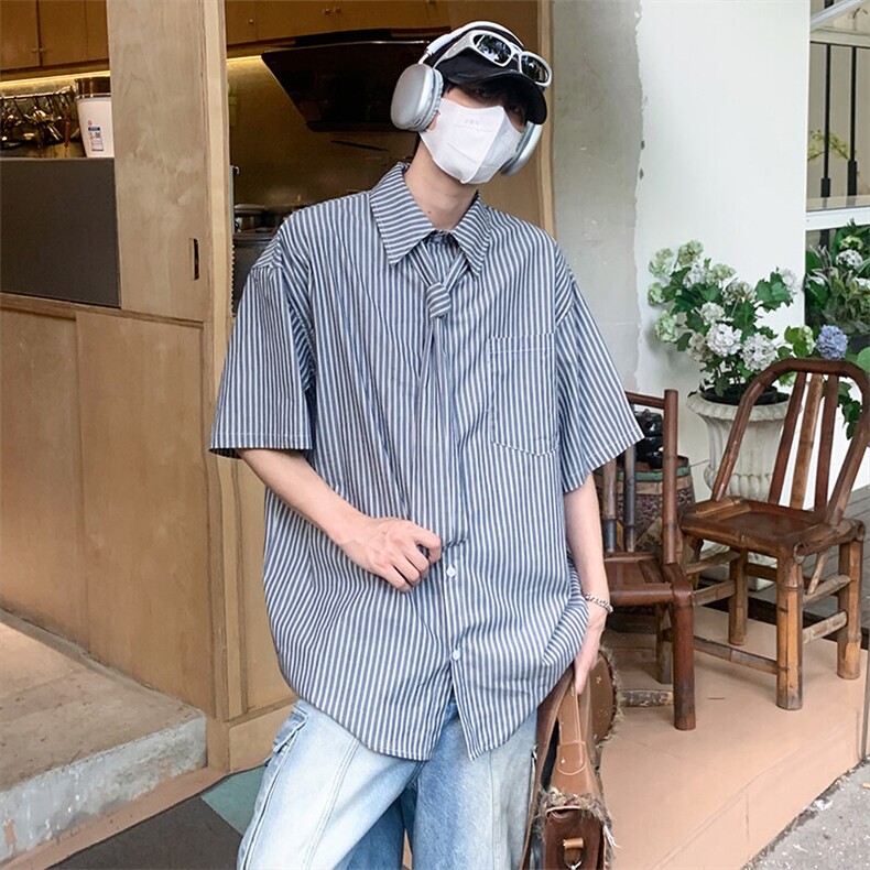 特P48无差价新款夏季时尚百搭条纹领带衬衫-HC2283港风,男装衬衫,电商A003