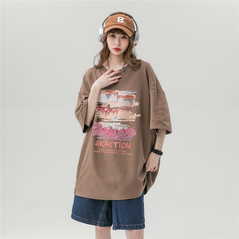 中性风油画复古印花纯棉圆领时尚百搭宽松短袖T恤T1143P25控38,男装T恤,A247A