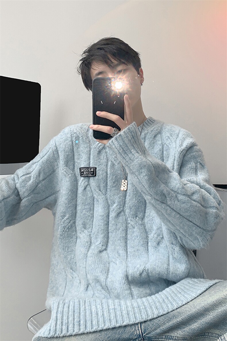 8XL-M圆领毛衣男秋冬慵懒风宽松情侣装麻花针织羊毛衫MY19004P68,男装针织衫/毛衣,电商B312