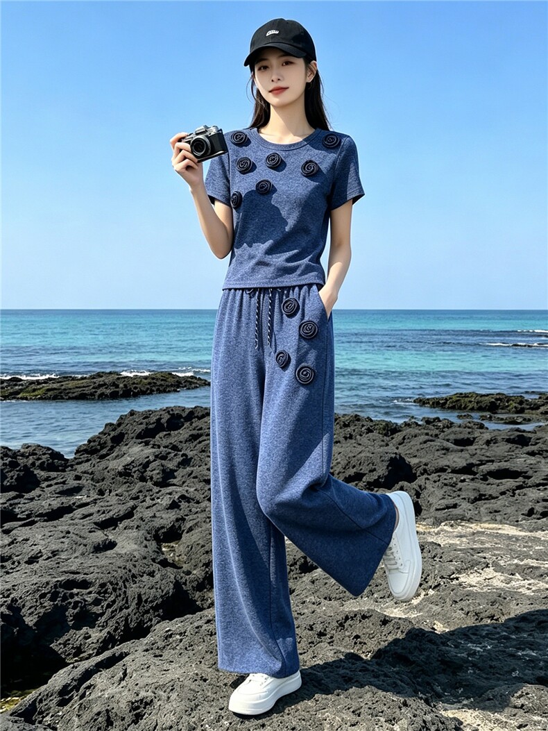 欧货时尚休闲运动套装夏季新款圆领立体花朵上衣直筒长裤两件套潮,女装套装/套裙,江南