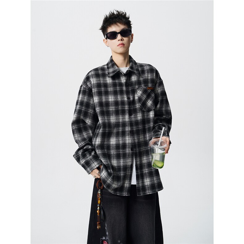 美式复古加厚格纹衬衫大码宽松慵懒风长袖衬衣磨毛外套CS9006/P58,男装衬衫,电商B238