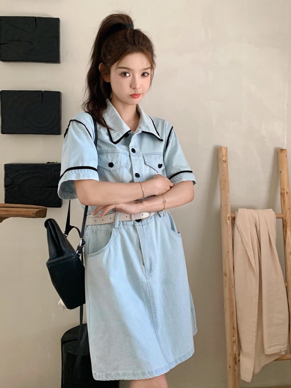 复古牛仔连衣裙女2025夏季新款韩系气质时尚收腰显瘦超好看工装裙,女装连衣裙,浙宝128A