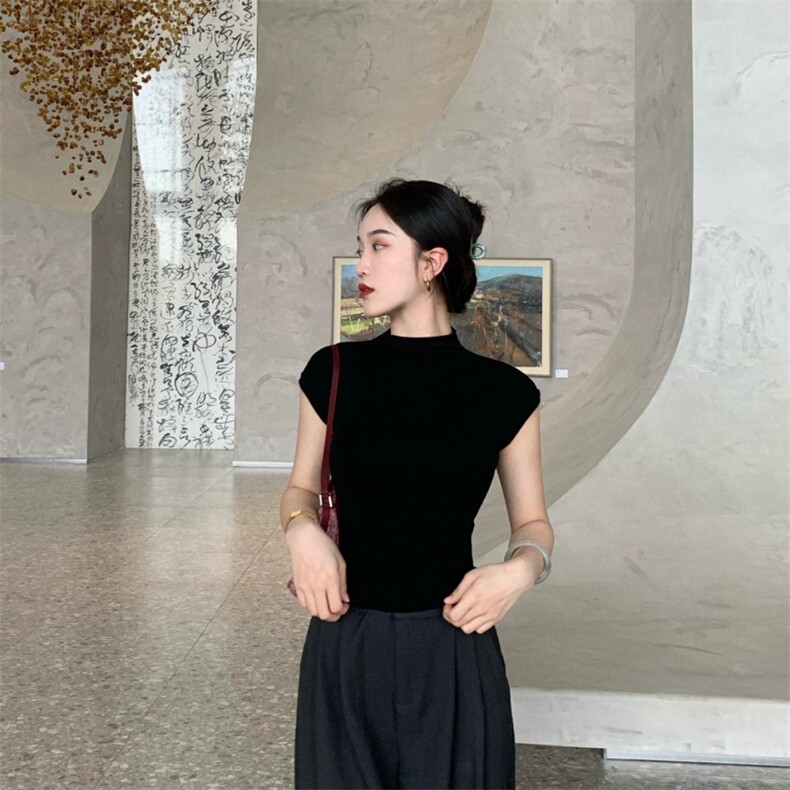 气质半高领黑色短袖T恤女2025年夏季新款紧身辣妹T正肩修身上衣女,针织衫/毛衣,斯美雅安迪绒