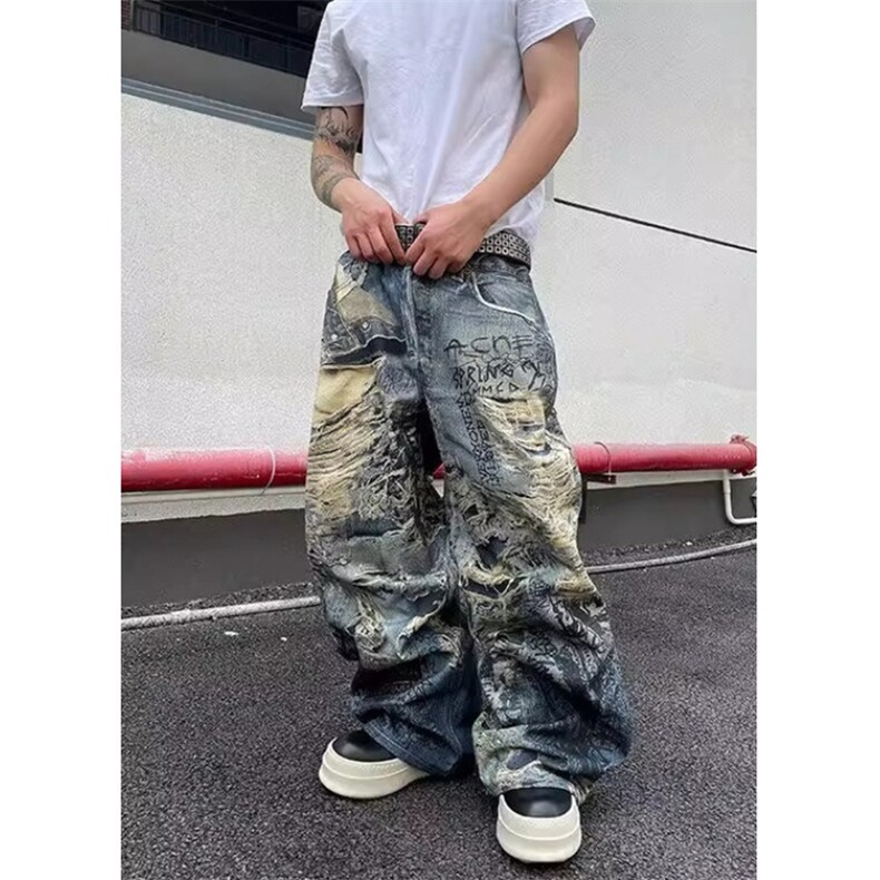 打印3D破洞字母涂鸦糜烂牛仔裤长裤男女同款NG193,男装牛仔裤,星座1116A（原606A-3）