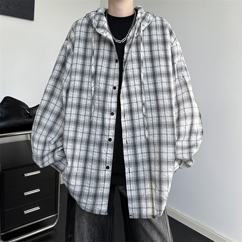 廓形防晒衬衫男夏季长袖冰丝薄款亚麻格子衬衣开衫外套CS29006P50,男装衬衫,电商B312
