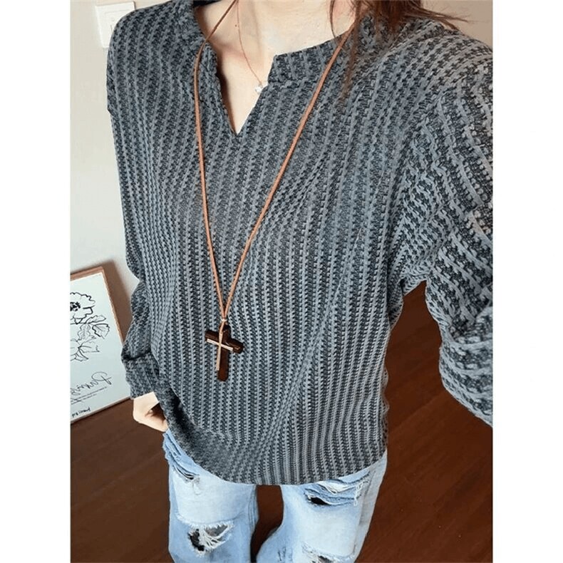 美式高街千鸟格子长袖T恤男女亨利V领英伦雅痞休闲宽松长袖打底衫，男装T恤，电商A443