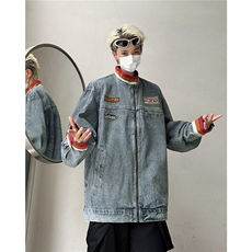 潮牌美式情侣牛仔外套男春季贴布机车赛车服夹克上衣W6199-P78，男装工装外套，星座412-2