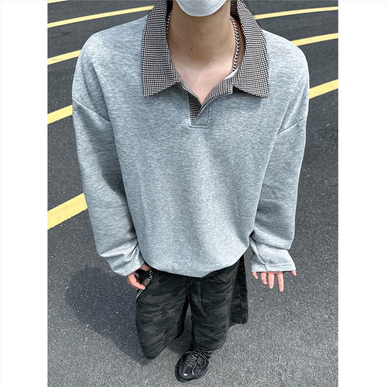 模特千鸟格翻领polo衫老钱风卫衣外套W988/特P28灰色,男装Polo衫,电商A094