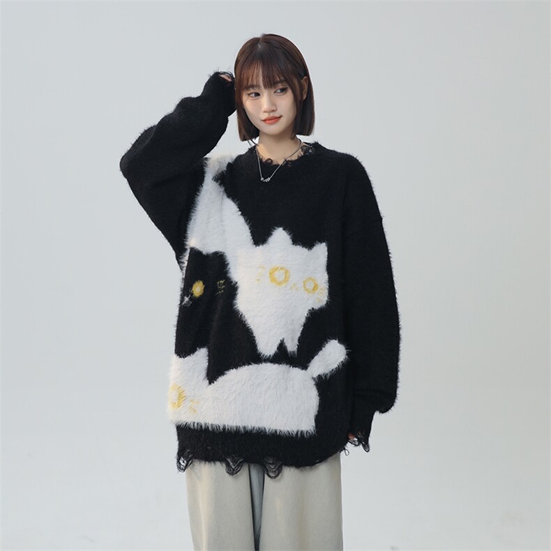 美式复古学院风猫猫趣味针织衫情侣毛衣XZ225-3-MY809-P80控98,男装针织衫/毛衣,星座225-3