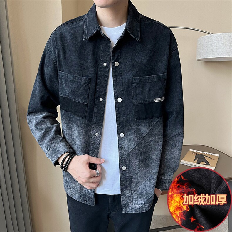 加绒加厚渐变牛仔衬衫式外套牛仔夹克男薄款P110加厚款P125,男装夹克,电商B321-1