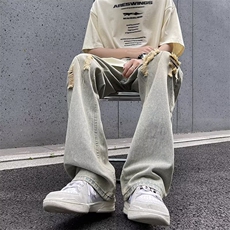 牛仔裤男夏季薄款破洞设计感裤子美式高街vibe直筒微喇裤N1095，男装牛仔裤，星座1116A-1（原606A）