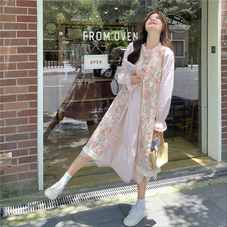 甜美氛围感茶歇连衣裙套装女2025秋季时髦减龄镂空蕾丝罩衫两件套,女装套装/套裙,2C133