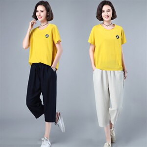 HANYU夏装新款两件套装女T恤小衫女小雏菊绣花点缀宽松显瘦