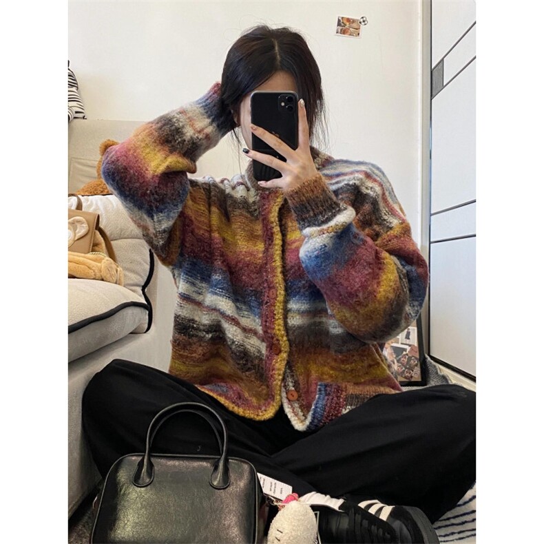 网络图现货！条纹撞色针织衫男宽松高级感开衫毛衣RMY219-P60,男装针织衫/毛衣,星座1005-6