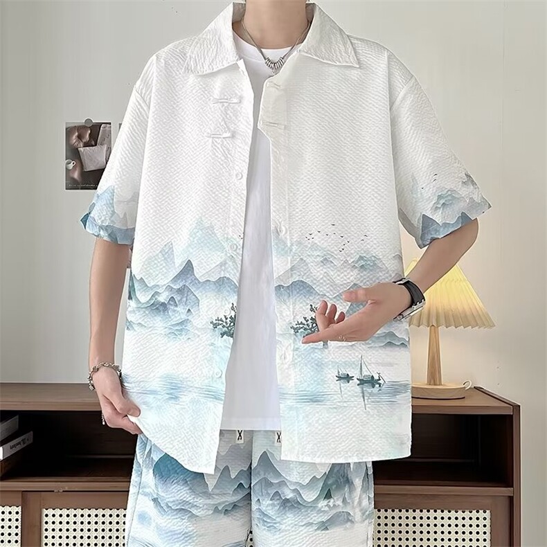 F331-P552024夏季新中式风衬衫套装短袖短裤一套搭配男现货,男装牛仔裤,星座512-6