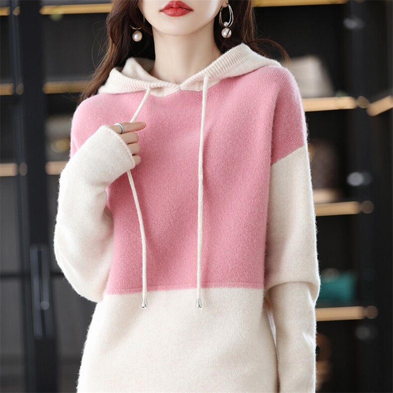 帽衫卫衣女羊毛慵懒风2024秋冬新款宽松大码拼接撞色，女装卫衣/绒衫，蒙特羊绒
