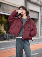 时尚格子拼接立领短款羽绒服女2025冬季新款洋气小个子白鸭绒外套，女装羽绒服，涵墨
